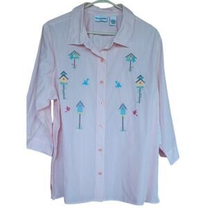 NWT Breckenridge Peach/White Button Up Shirt Embroidered Birdhouses Women's 2X